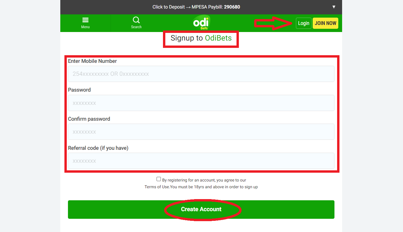 OdiBets Kenya registration via the website